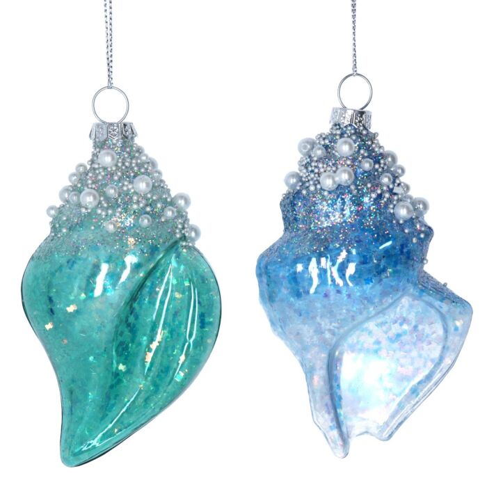 Gisela Graham Glass Sea Shells 12cm - Blue & Green with Pearls